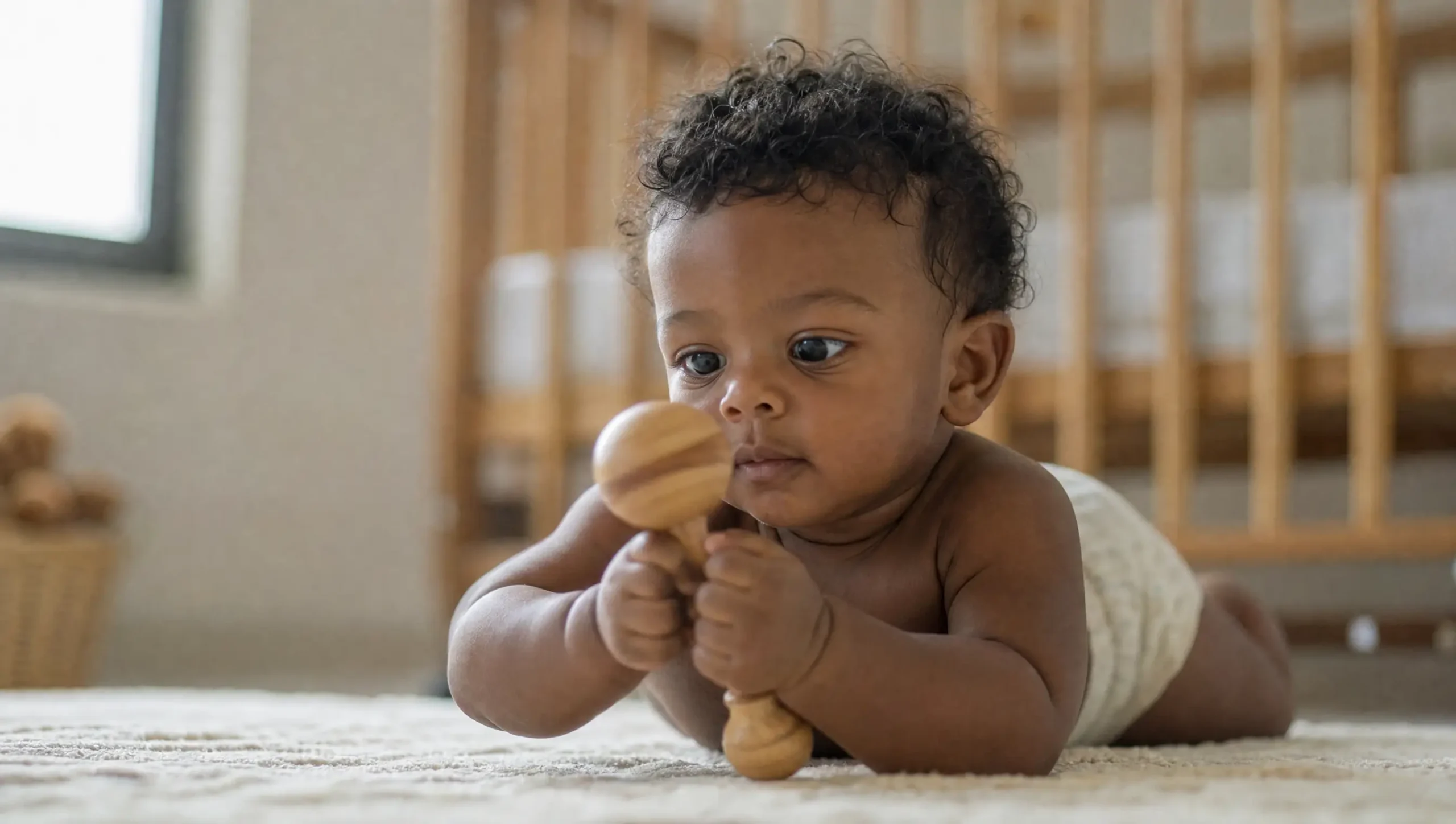 Bebê brasileiro de cerca de 8 meses deitado de bruços no tapete segurando um chocalho de madeira com as duas mãos