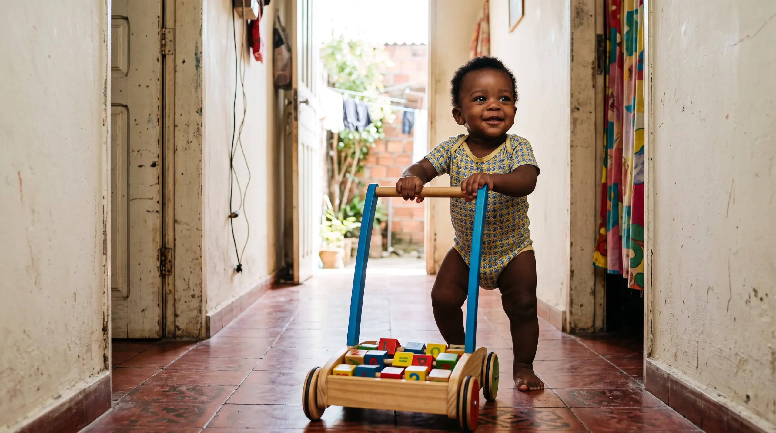 Bebê brasileiro de cerca de 1 ano empurrando um andador de madeira com blocos no corredor de casa