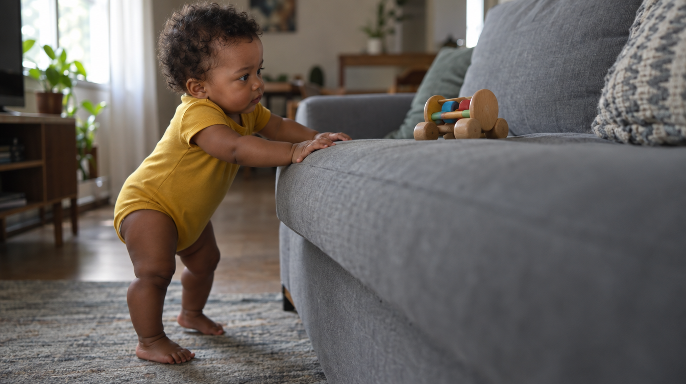 Bebê de 10 meses se apoiando no sofá para ficar em pé