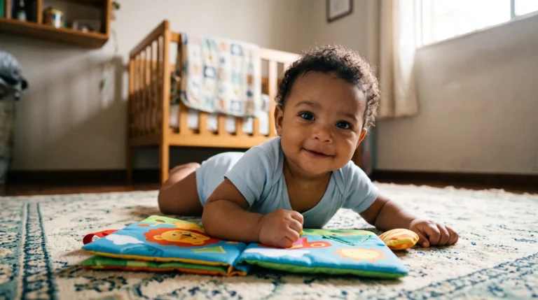 Bebê brasileiro de cerca de 6 meses deitado de bruços no tapete com um livro de pano colorido aberto à frente