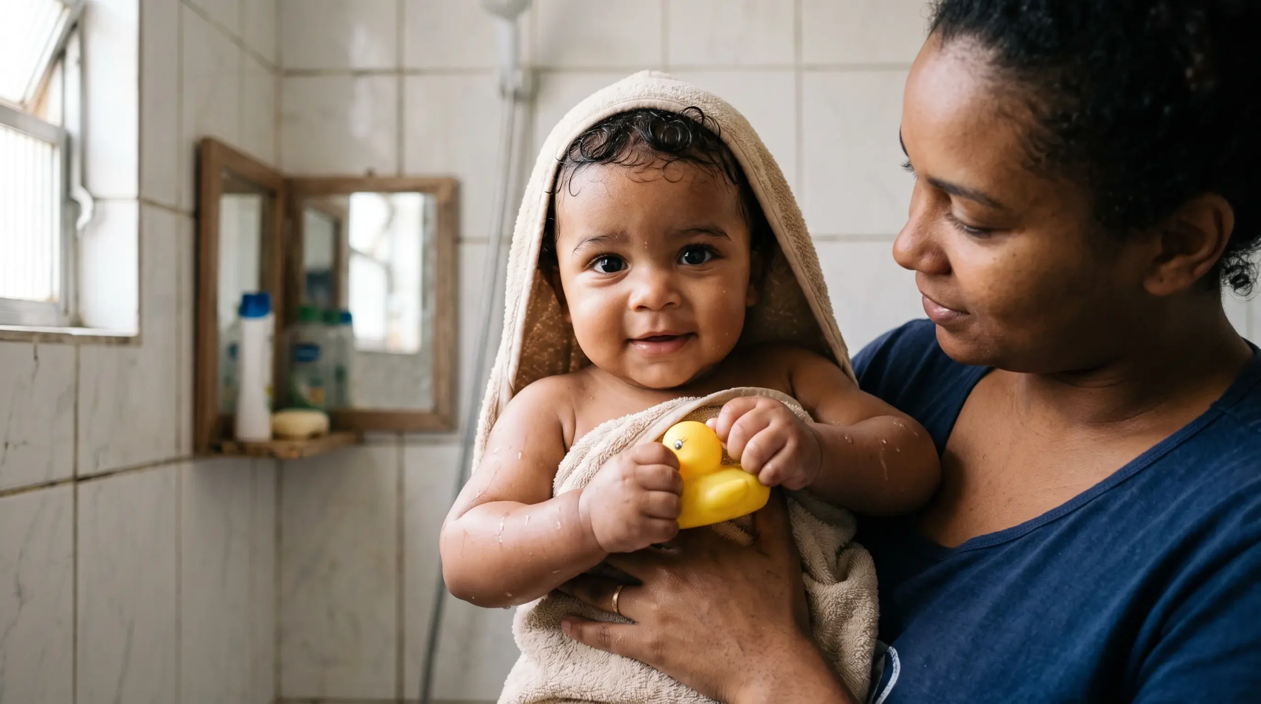 Bebê brasileiro enrolado numa toalha com capuz no colo da mãe, segurando um patinho de borracha amarelo