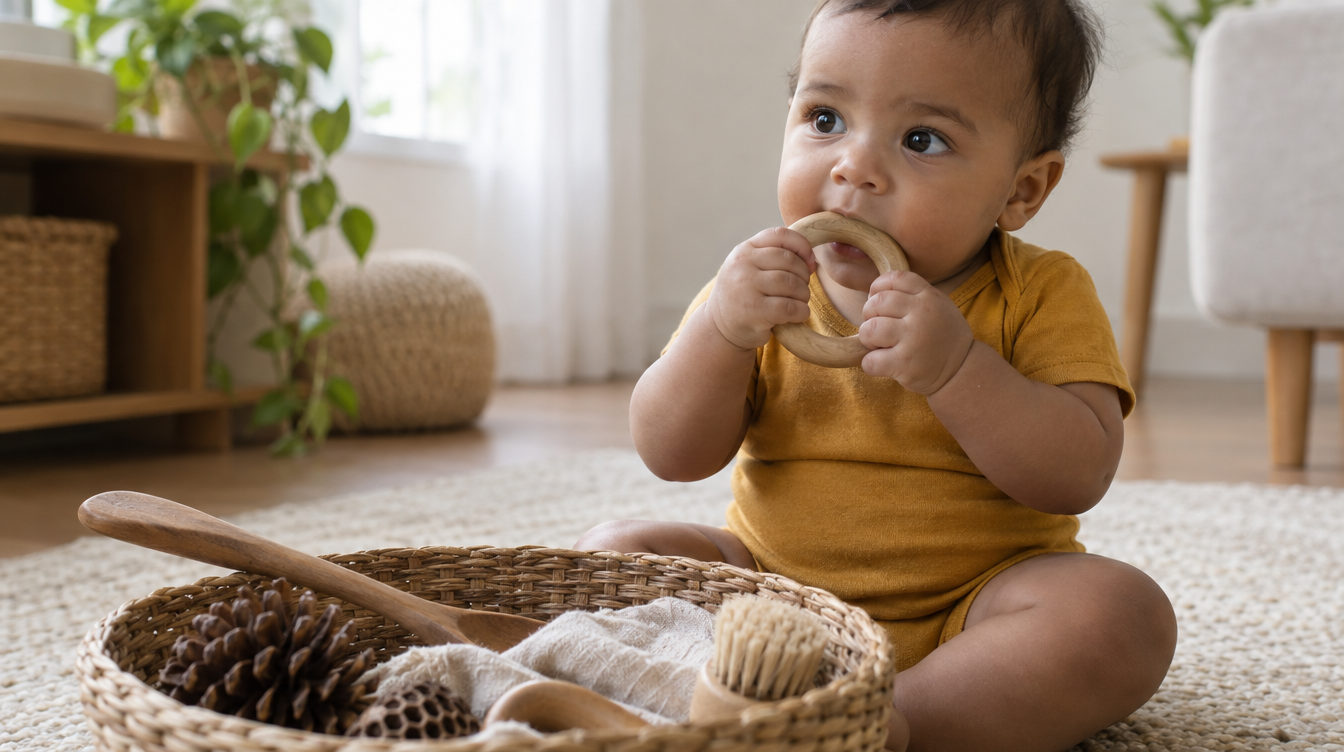 Bebê de 10 meses explorando um cesto dos tesouros com objetos naturais
