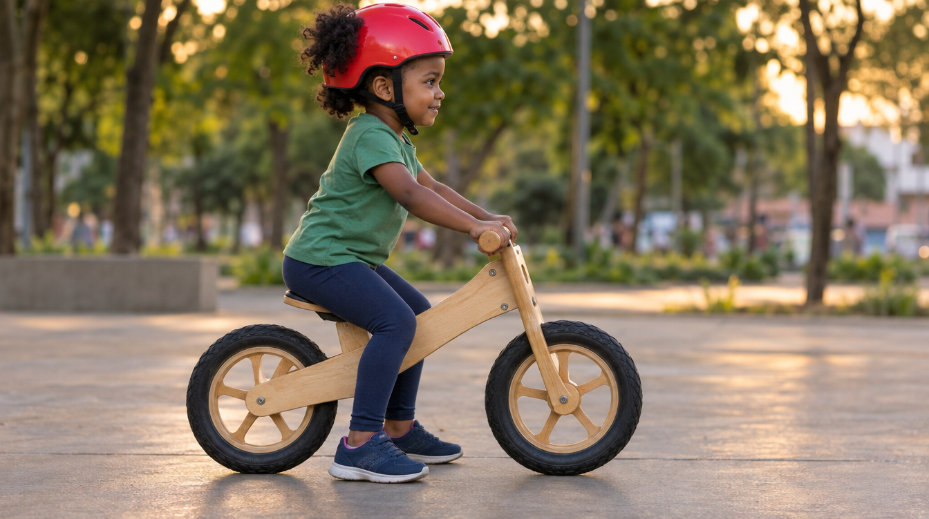 Menina de 3 anos numa bike de equilíbrio com os dois pés apoiados no chão e capacete bem ajustado