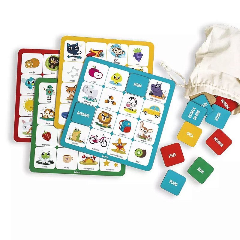 Jogo Bingo das Palavras, com cartelas de figuras e fichas de palavras