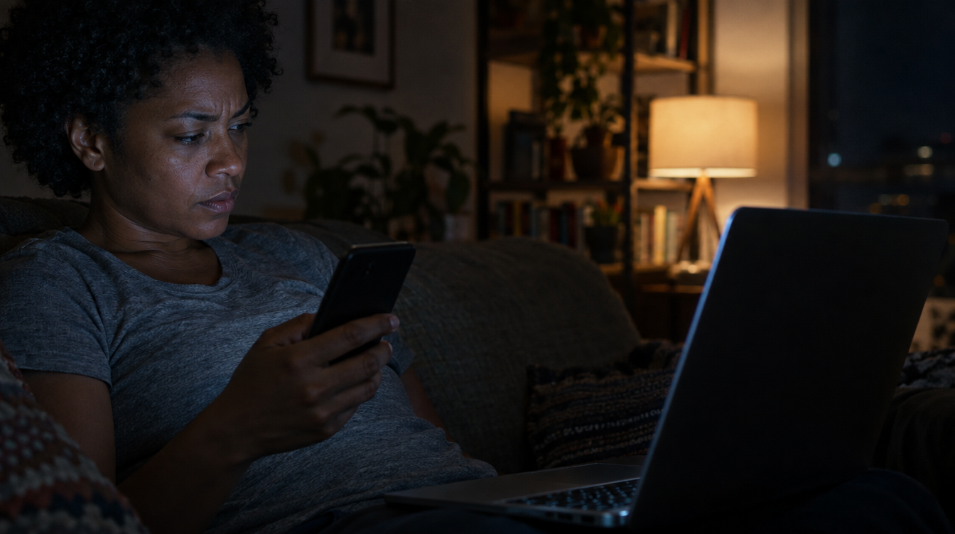 Mãe comparando preços no celular e no notebook à noite na sala, com expressão desconfiada