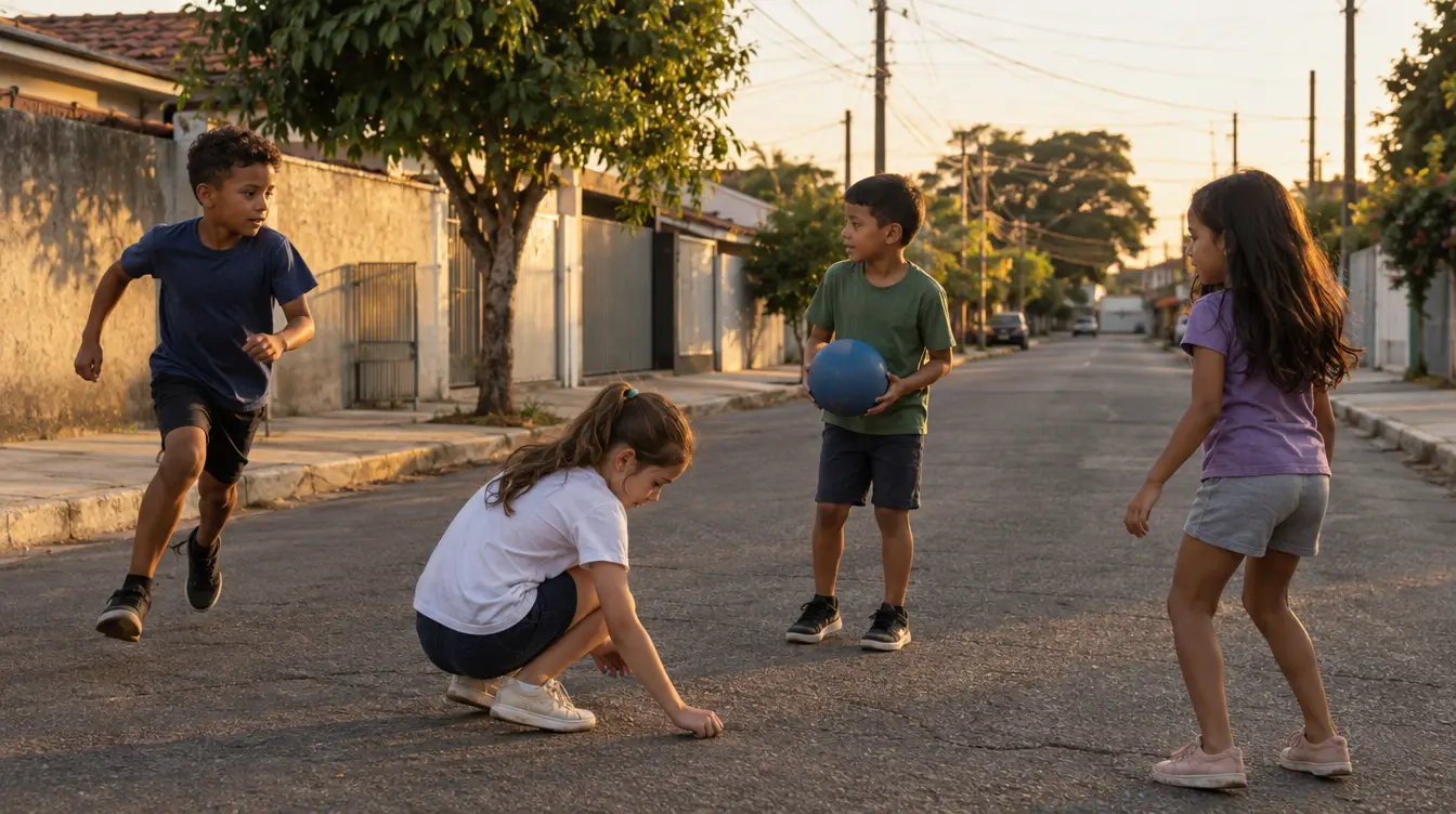 Quatro crianças brincam numa rua residencial ao fim da tarde, uma agachada e outra com uma bola azul