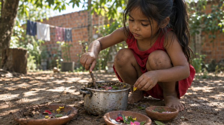 Menina de 4 anos fazendo comidinha de barro com folhas e flores no quintal