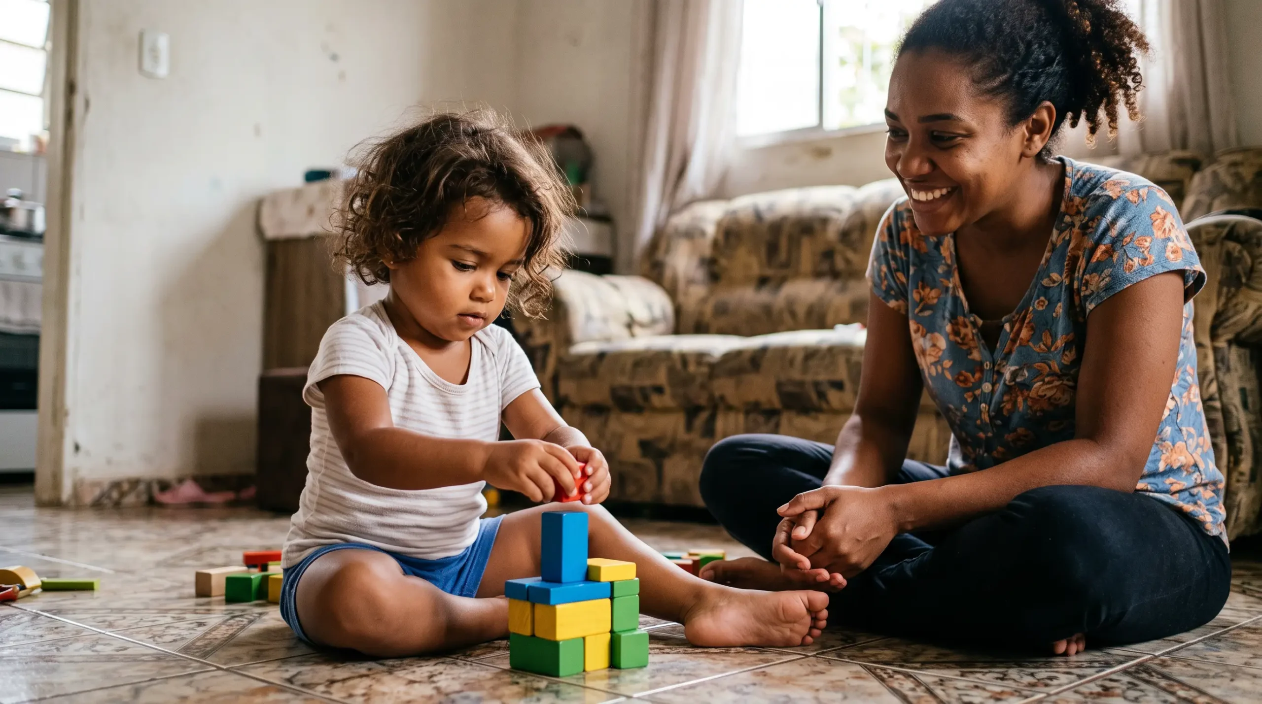 Criança brasileira de cerca de 2 anos empilhando blocos de madeira no chão da sala enquanto a mãe observa sorrindo