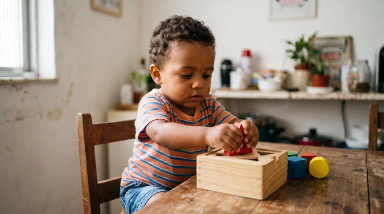 Criança brasileira de cerca de 2 anos à mesa encaixando uma peça de madeira colorida num brinquedo de formas