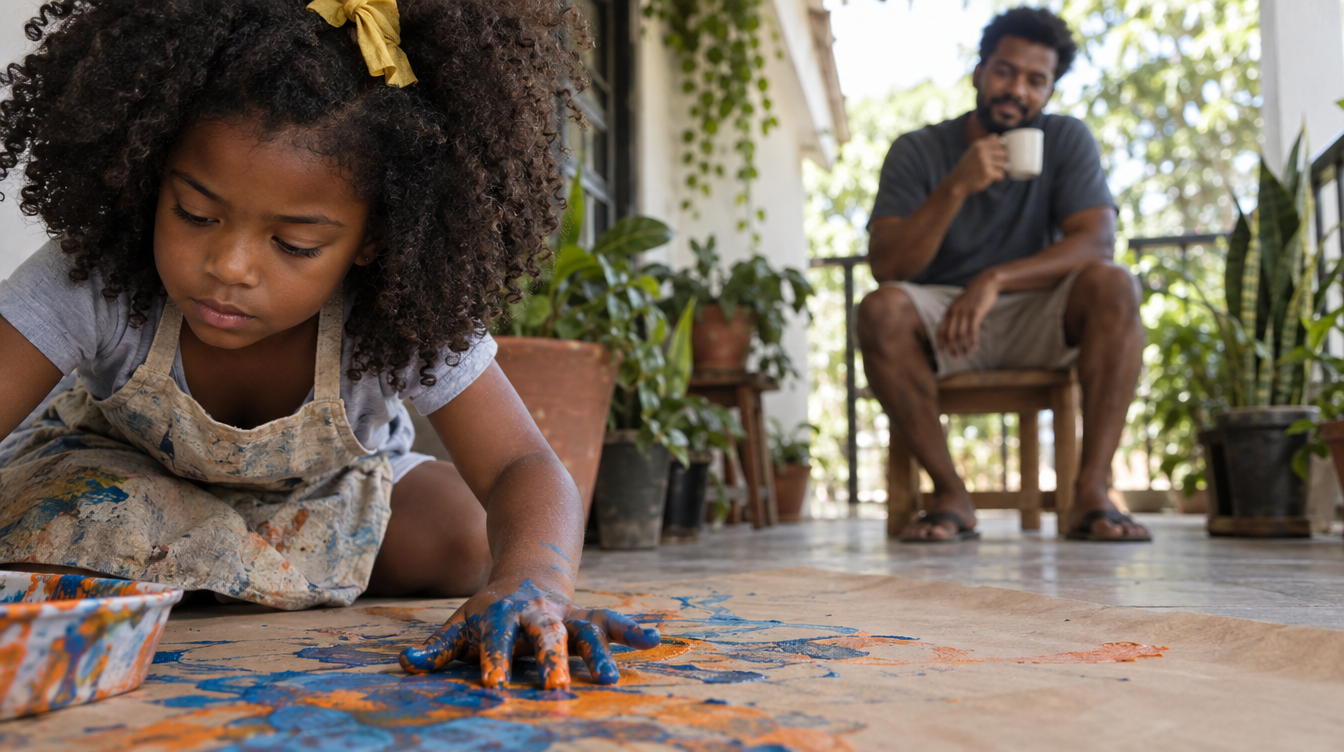 Menina de 5 anos pintando com os dedos no chão da varanda enquanto o pai só observa de longe