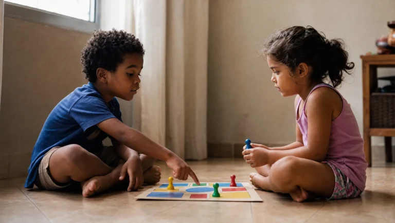 Duas crianças brasileiras de cerca de 5 anos sentadas no chão da sala jogando um tabuleiro simples, um menino aponta uma regra