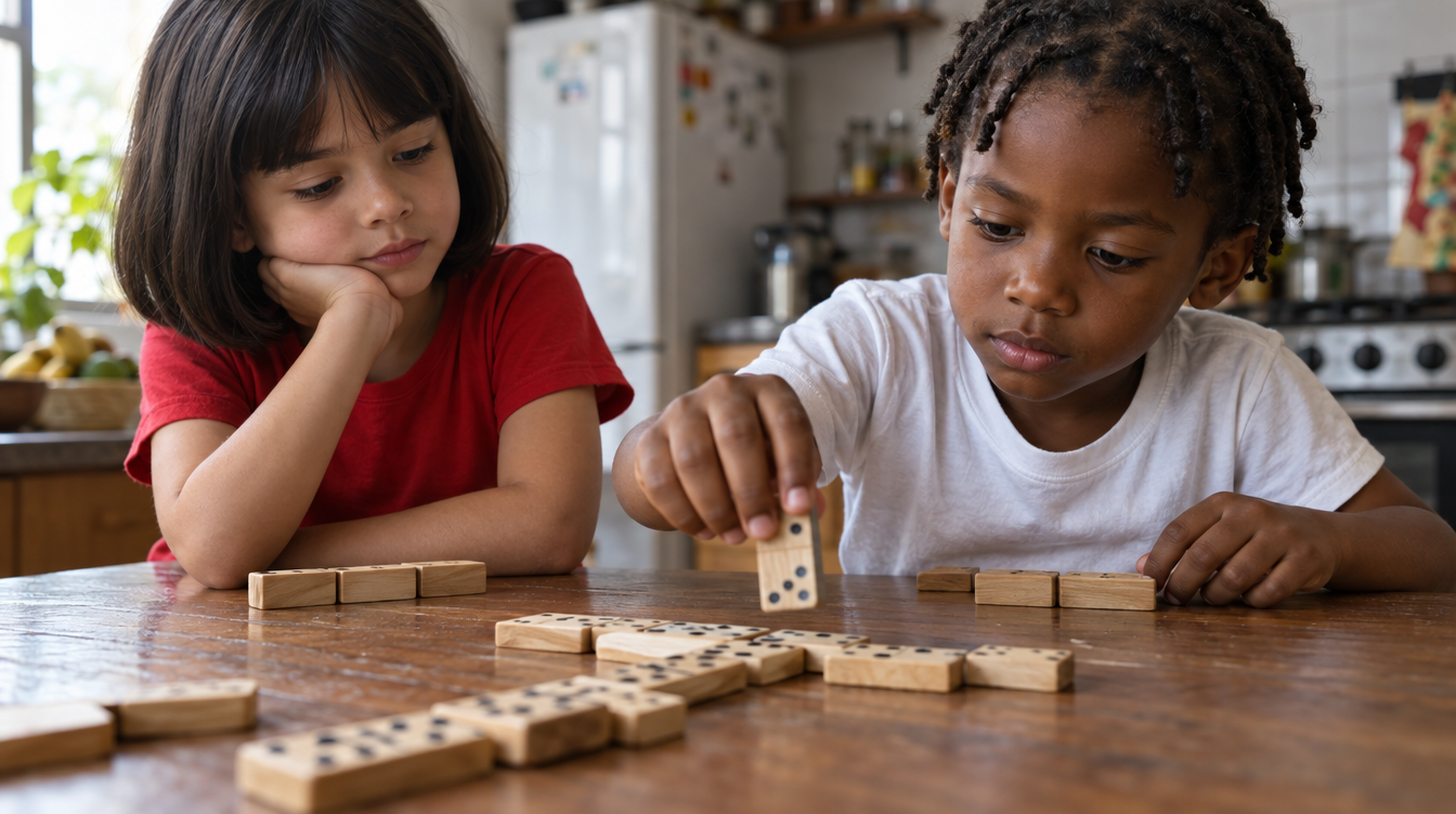 Duas crianças de 6 anos jogando dominó na mesa da cozinha