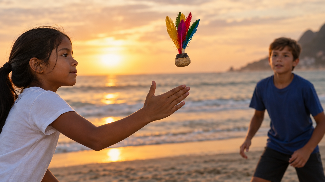 Menina prestes a bater numa peteca de penas coloridas na praia ao pôr do sol