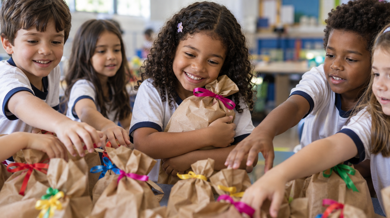 Crianças de 6 anos pegando saquinhos de lembrancinha numa festa da escola