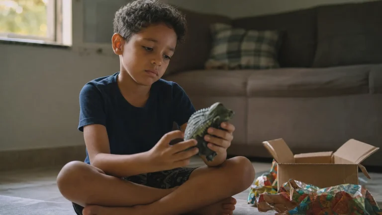 Menino brasileiro de cerca de 7 anos sentado no chão da sala segurando um brinquedo recém-desembrulhado com expressão de decepção