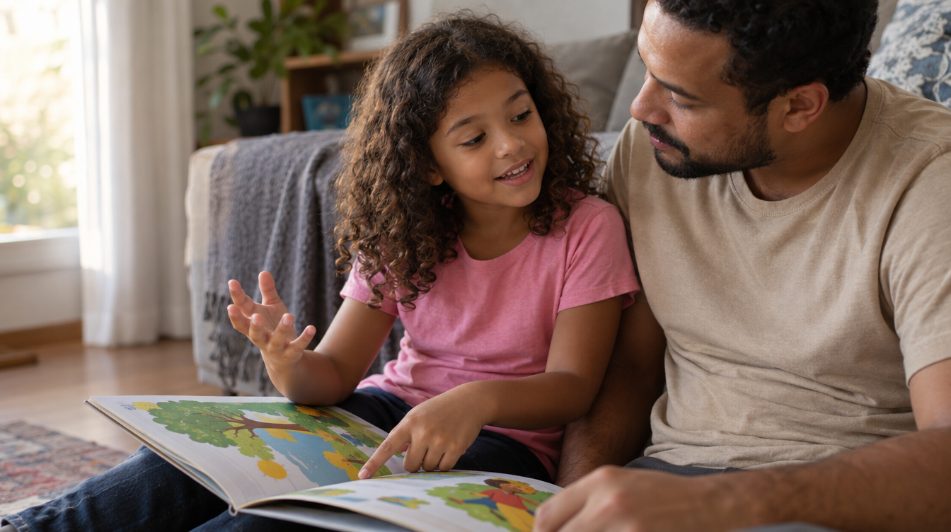 Menina apontando para as ilustrações de um livro e explicando algo ao pai, sentados juntos no chão da sala