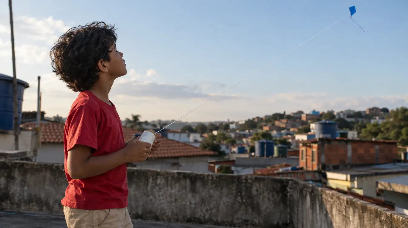 Menino de cabelo ondulado segura a bobina de linha numa laje e olha para a pipa azul no céu