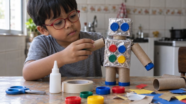 Menino de 7 anos construindo um robô de sucata com rolos de papelão e tampinhas na mesa da cozinha