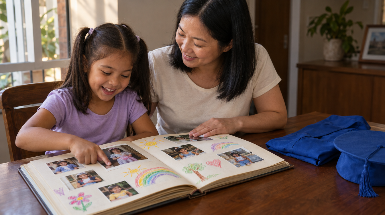 Mãe e filha folheando um álbum de fotos e desenhos da educação infantil, com a beca e o capelo dobrados sobre a mesa