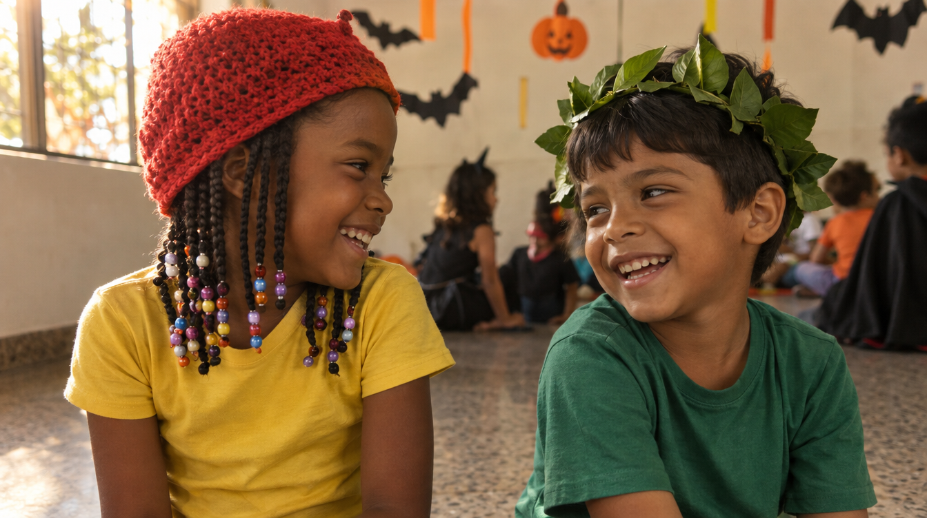 Duas crianças em festa de escola com fantasias que misturam folclore brasileiro e decoração de Halloween