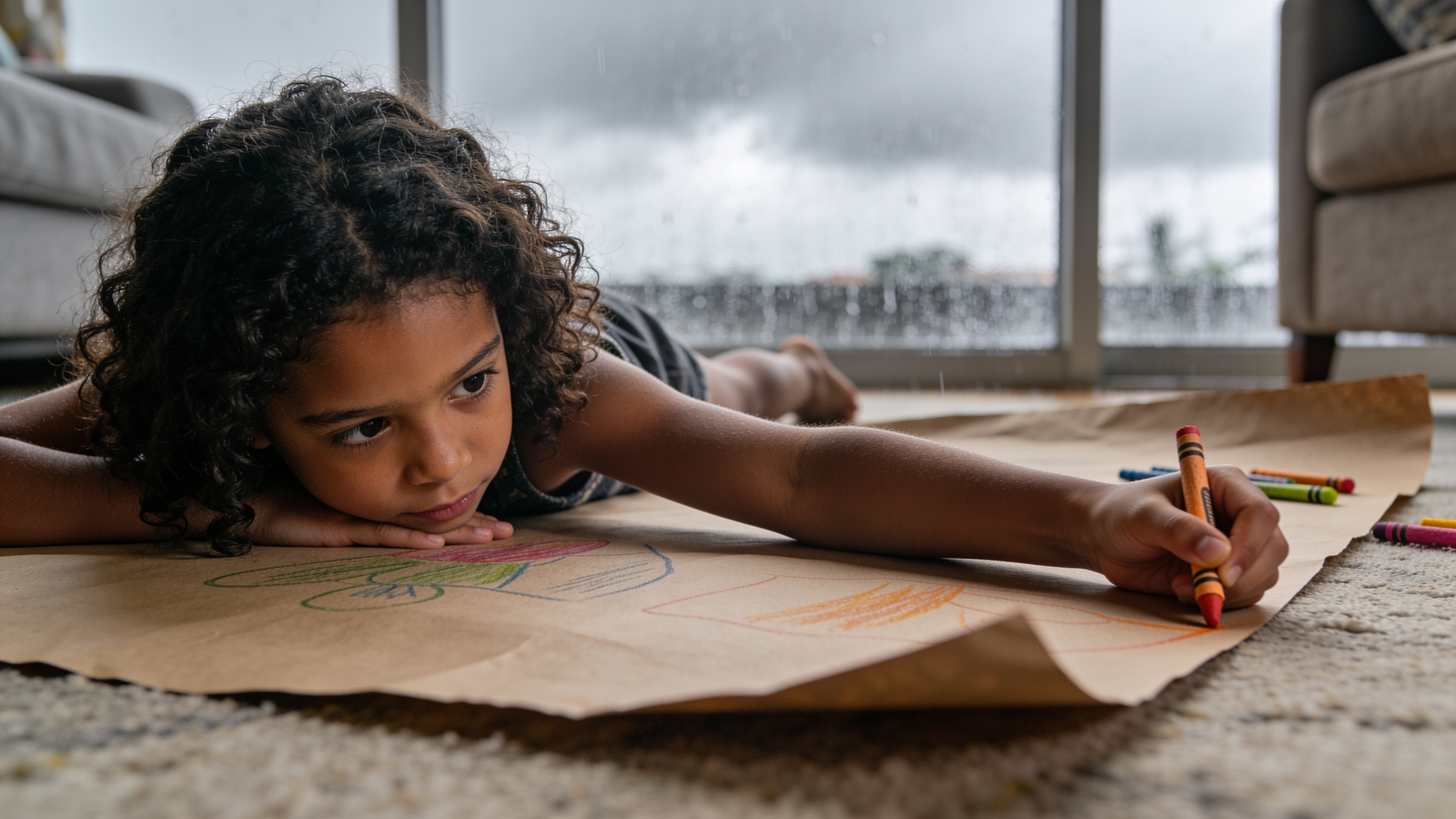 Criança brasileira deitada no chão desenhando com giz de cera enquanto chove pela janela