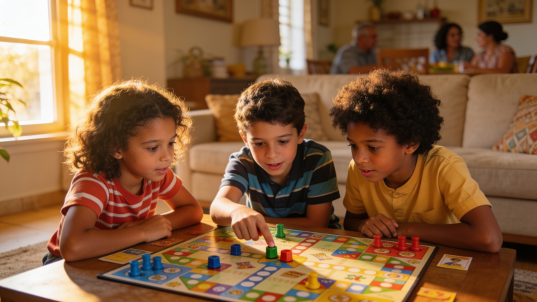 Três crianças brasileiras jogando jogo de tabuleiro cooperativo juntas