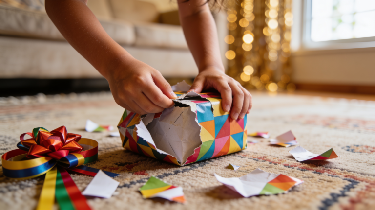 Mãos de criança desembrulhando presente com papel colorido espalhado pelo chão