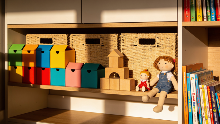 Prateleira de quarto de criança organizada com cestos e brinquedos separados por categoria