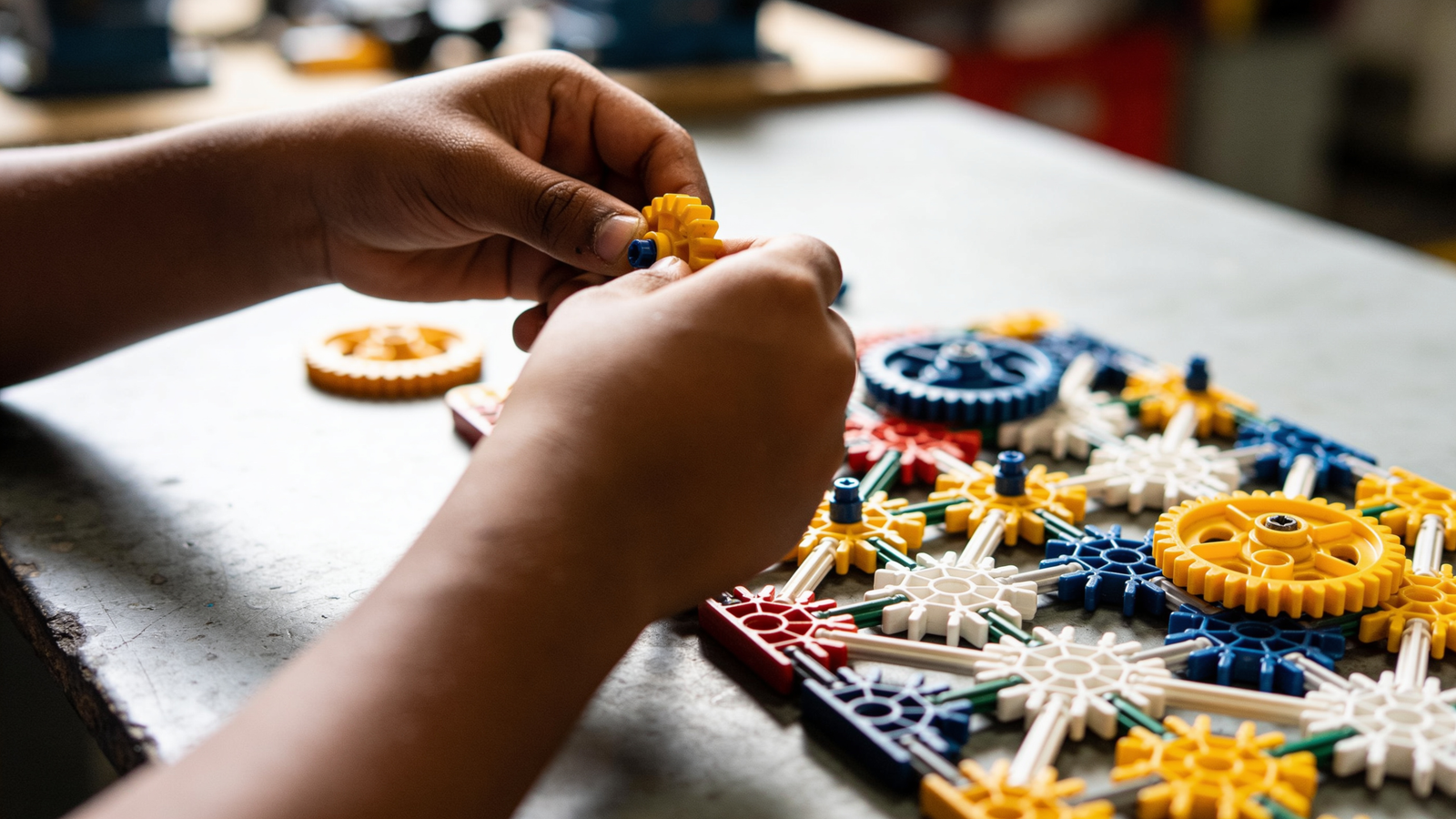 Mãos de criança encaixando engrenagens coloridas em kit de construção mecânico