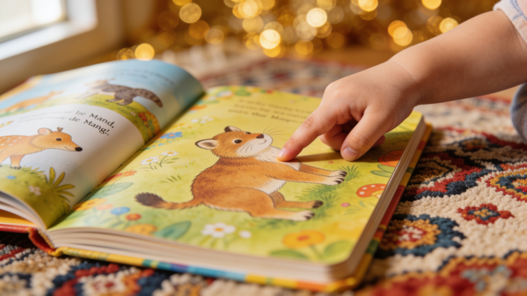 Mão de criança apontando para ilustração em livro de imagens colorido