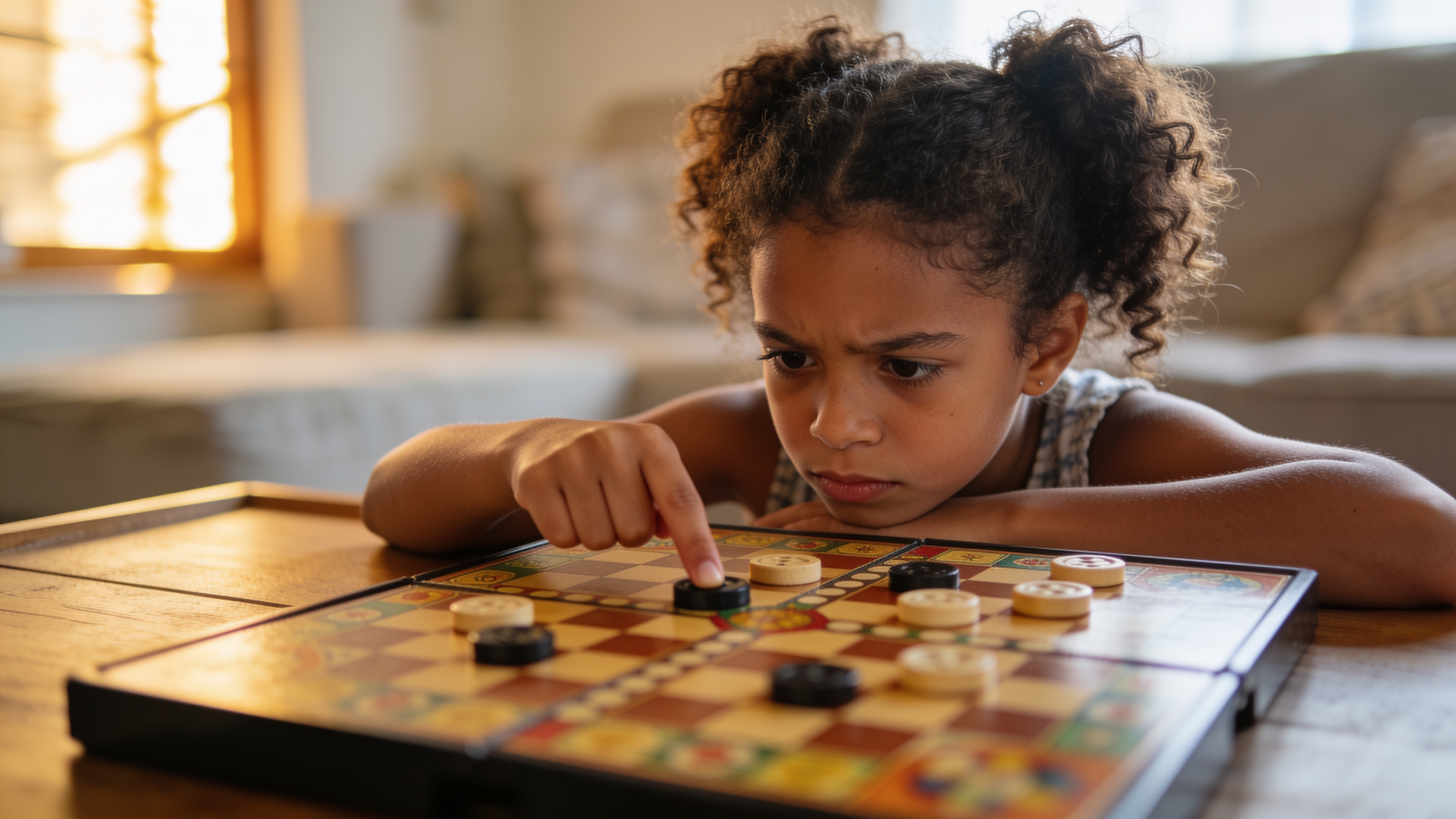 Criança brasileira debruçada sobre jogo de tabuleiro com expressão de raciocínio