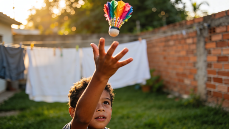 Mão de criança rebatendo peteca colorida de penas no quintal com grama verde ao fundo