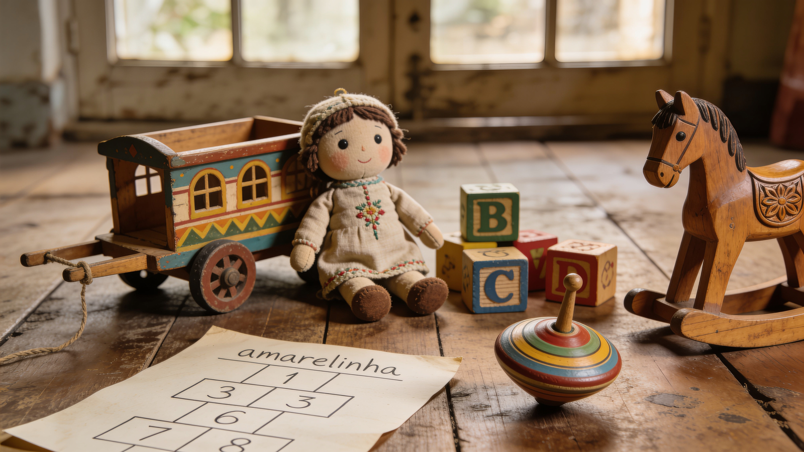 Coleção de brinquedos de madeira clássicos brasileiros: carrinho, boneca de pano, cavalinho, blocos coloridos sobre chão de madeira rústico
