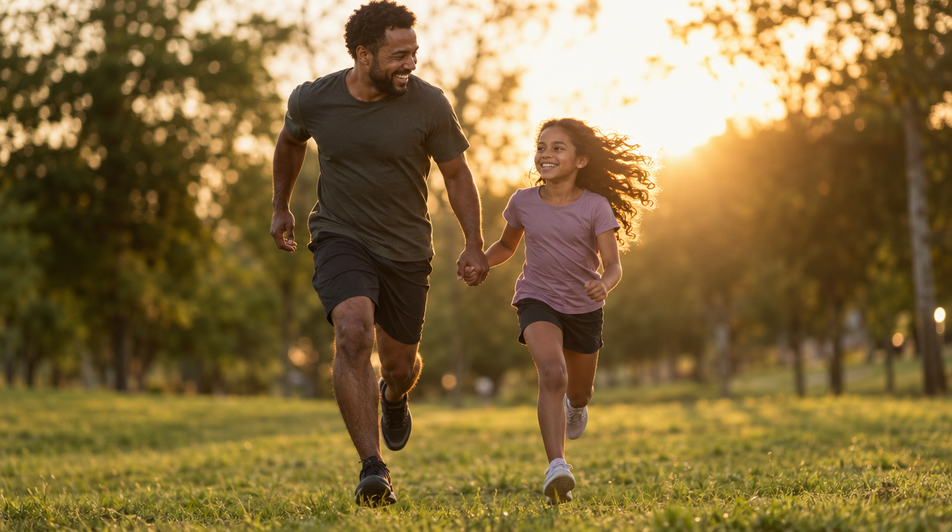 Pai e filha brasileiros correndo de mãos dadas em um parque ao entardecer