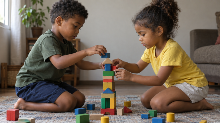 Menino e menina brasileiros construindo juntos uma torre de blocos de madeira