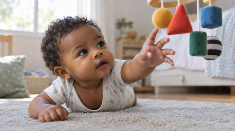Bebê brasileiro alcançando um móbile sensorial colorido