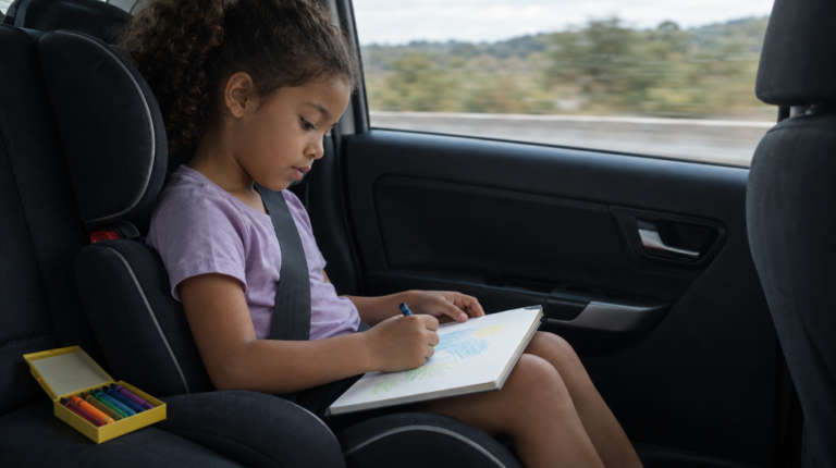 Criança brasileira desenhando na cadeirinha do carro durante viagem