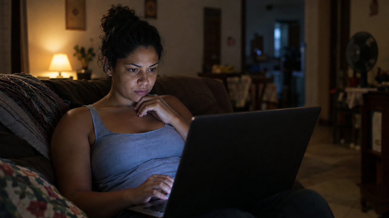 Mãe brasileira comparando preços no notebook à noite