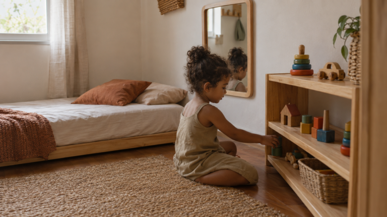 Quarto infantil organizado com cama baixa e prateleira ao alcance da criança
