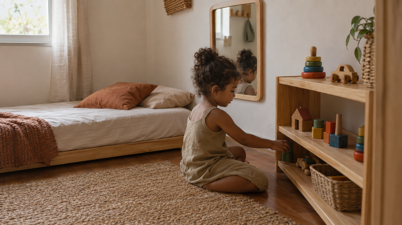 Quarto infantil organizado com cama baixa e prateleira ao alcance da criança
