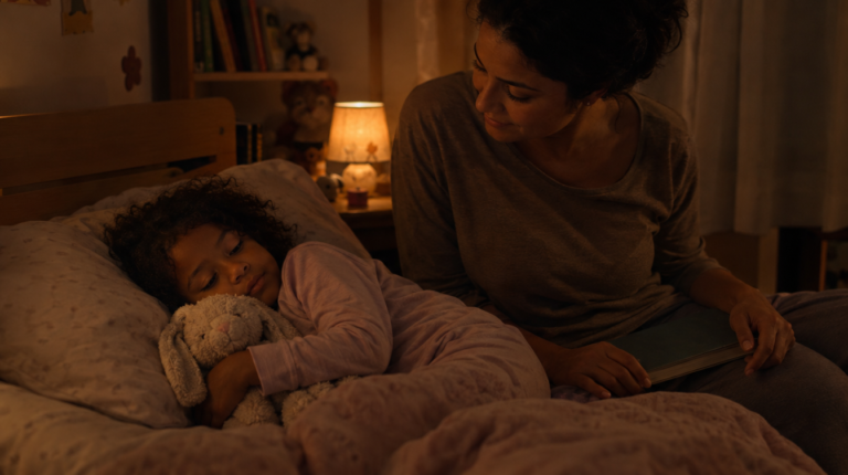 Criança sonolenta abraçando pelúcia na cama à noite com luz suave