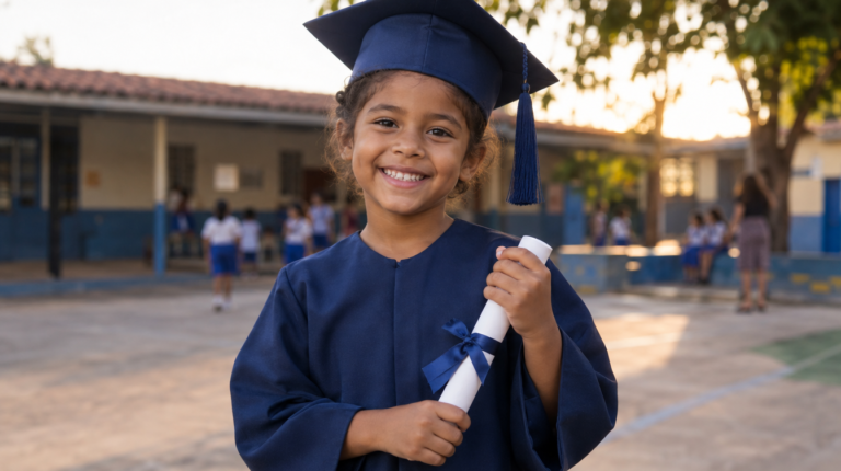 Criança brasileira sorrindo com beca de formatura infantil e diploma