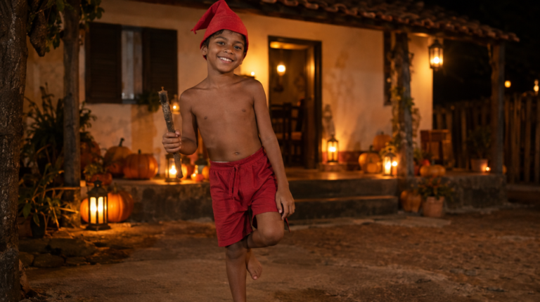 Criança brasileira fantasiada de saci-pererê em casa decorada de Halloween