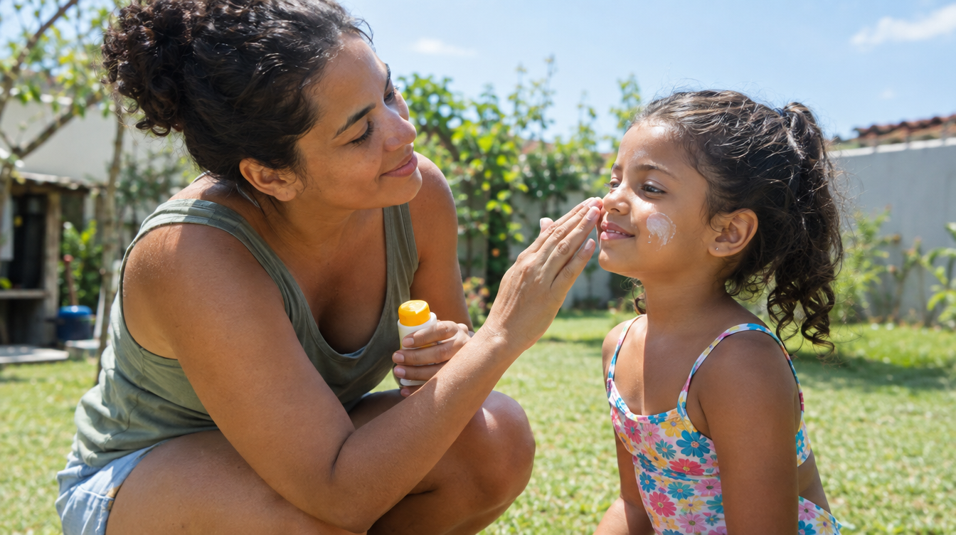 Mãe brasileira aplicando protetor solar na filha antes de brincar