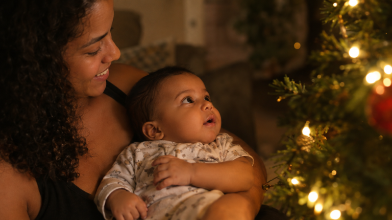 Bebê brasileiro no colo da mãe olhando para as luzes da árvore de Natal