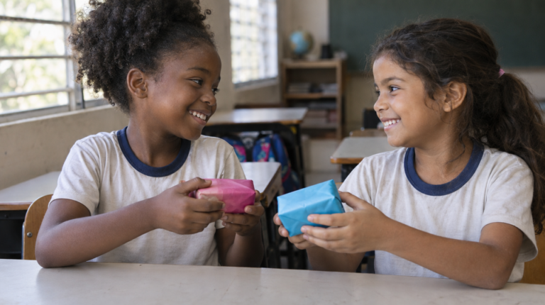 Duas crianças brasileiras trocando presentes de amigo secreto na escola