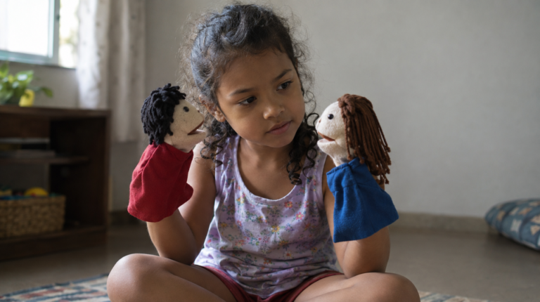 Criança brasileira brincando com fantoches de pano