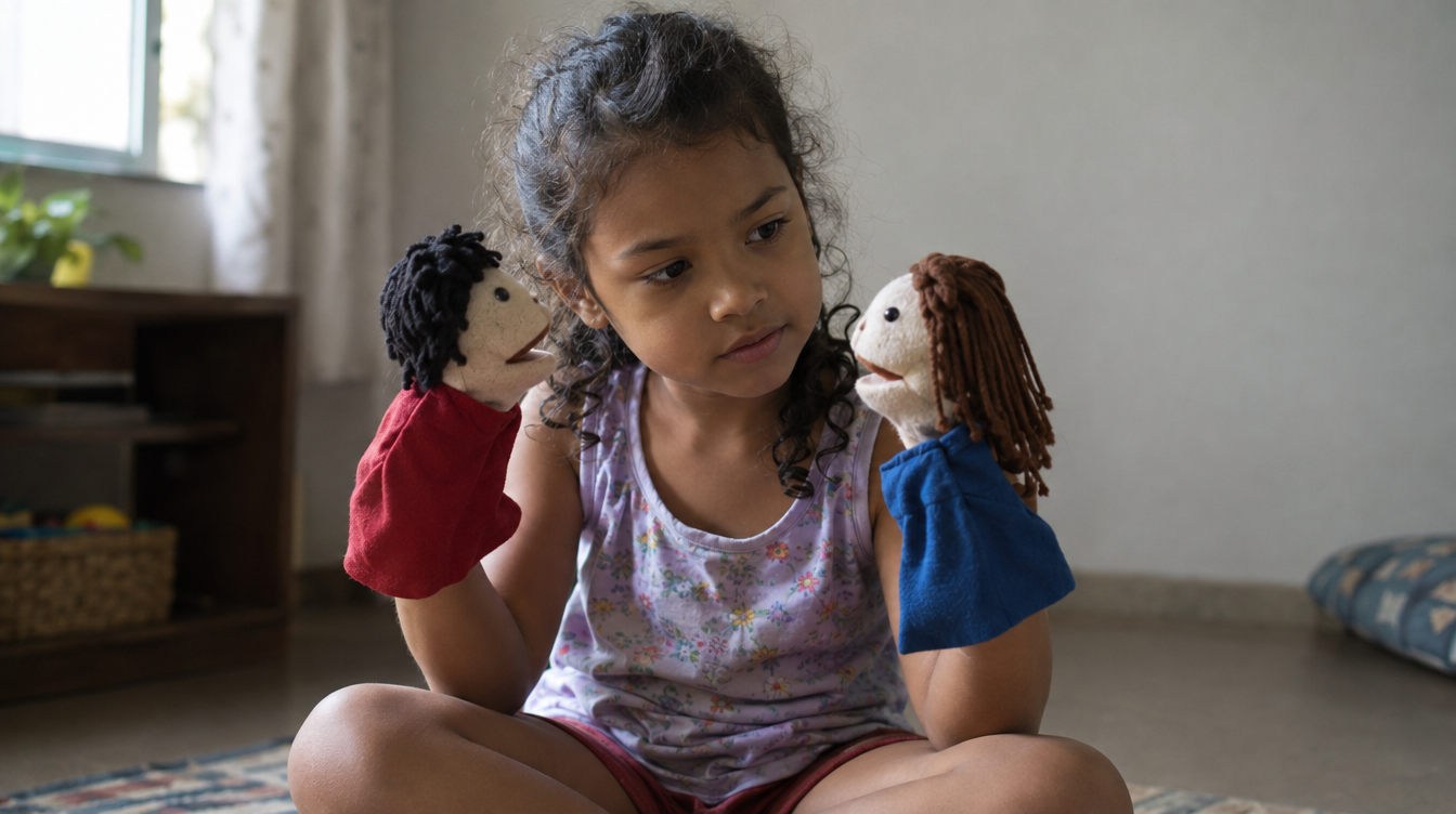 Criança brasileira brincando com fantoches de pano