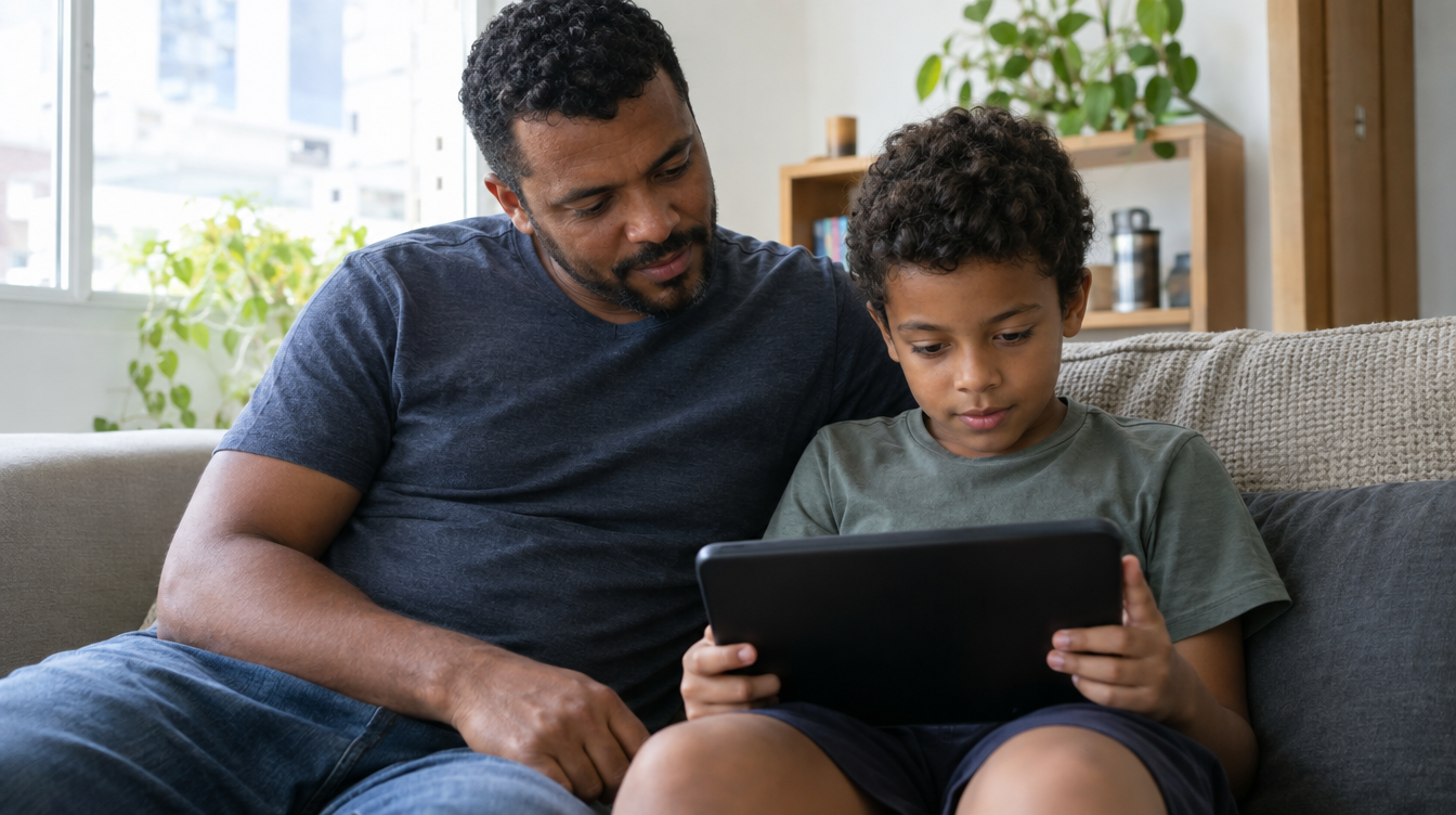 Pai brasileiro supervisionando o filho usando tablet no sofá