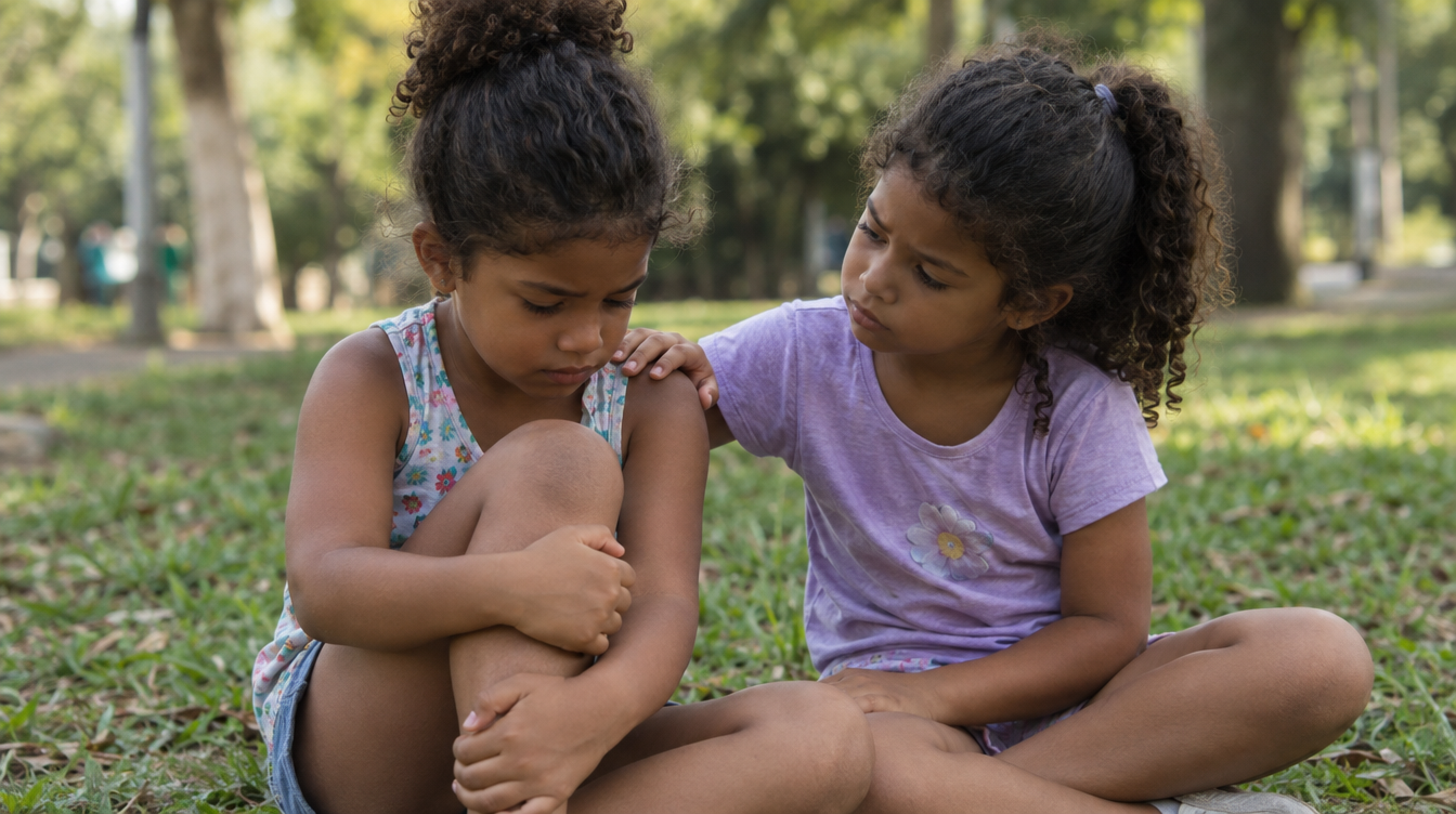 Uma criança brasileira consolando outra no parque com gesto de cuidado